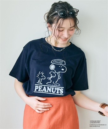 【PEANUTS/ピーナッツ】SNOOPY/スヌーピー＆ウッドストックフロッキープリントTシャツ(ネイビー-M)