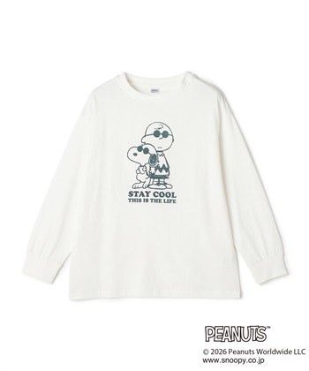 【PEANUTS/ピーナッツ】SNOOPY/スヌーピー＆ウッドストックフロッキープリントロンT◆別注◆(オフホワイト-M)