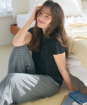 【LAFUKU/ラフク】フレンチスリーブTシャツ&イージーロングパンツ上下SET/ルームウェア(ブラック-M)