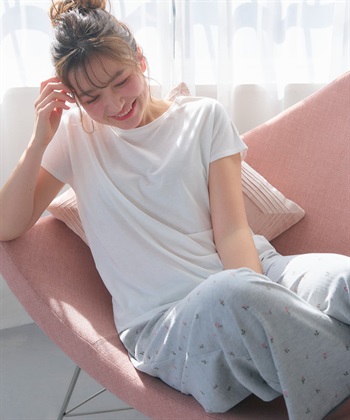 【LAFUKU/ラフク】フレンチスリーブTシャツ&イージーロングパンツ上下SET/ルームウェア(杢グレー-M)