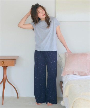 【LAFUKU/ラフク】フレンチスリーブTシャツ&イージーロングパンツ上下SET/ルームウェア(ネイビー-M)