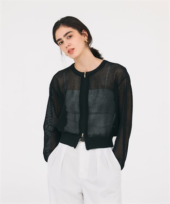 メッシュニットシフォンコンビブルゾン(ブラック-F)