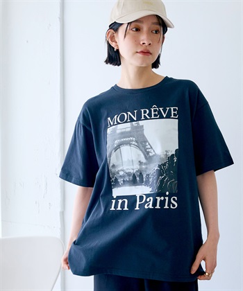 《UV・接触冷感》エブ楽 ParisフォトプリントTシャツ(チャコール-Ｍ)
