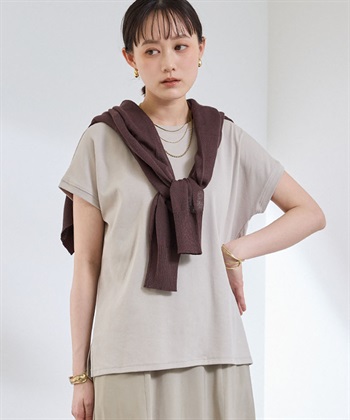 《汗染み防止》エブ楽 天竺フレンチスリーブTシャツ(ベージュ-Ｍ)