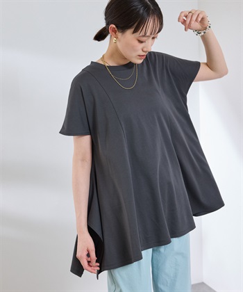 《汗染み防止》エブ楽 天竺アシメトリーデザインTシャツ(チャコール-Ｍ)