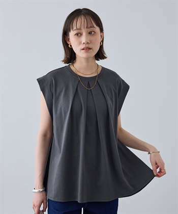 《汗染み防止》エブ楽 天竺フロントタックノースリーブTシャツ(チャコール-Ｍ)