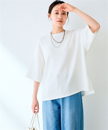 《UV/接触冷感》エブ楽 なめらかダンボール ビッグシルエットTシャツ(オフ-Ｍ)