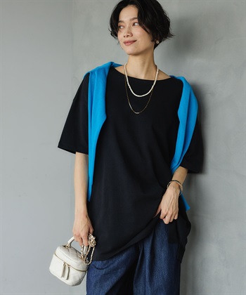 《よれにくい》エブ楽 オーバーサイズハーフスリーブコットンTシャツ(ブラック-Ｍ)