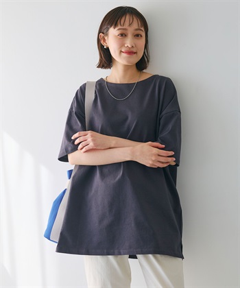 《よれにくい》エブ楽 オーバーサイズハーフスリーブコットンTシャツ(チャコール-Ｍ)
