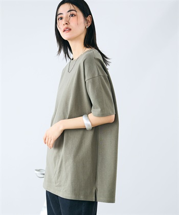 《よれにくい》エブ楽 オーバーサイズハーフスリーブコットンTシャツ(カーキ-Ｍ)
