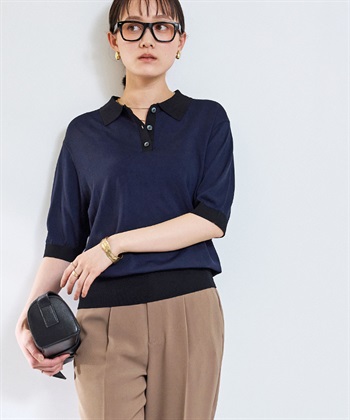 《洗える》サマ美え 配色サマーニットポロトップス(ネイビー-Ｍ)