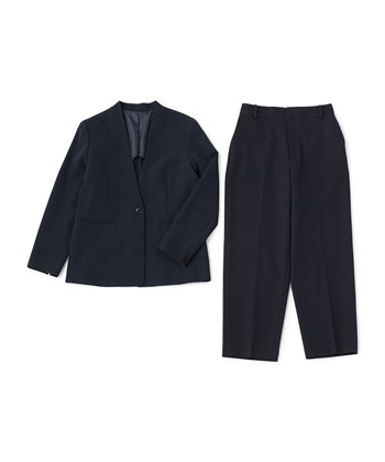 《洗える・シワになりにくい》2点セット 正解 ノーカラージャケット&ワイドパンツ(ネイビー-7号)