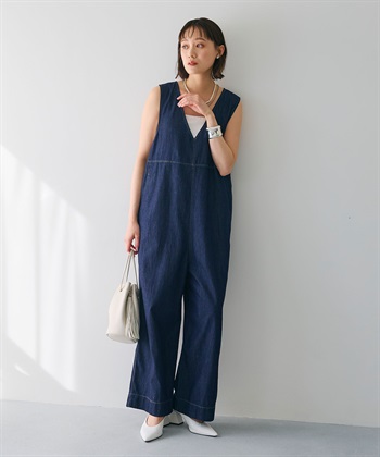 《撥水》FRESH DENIM デニムルーズオールインワン(ネイビー-Ｍ)