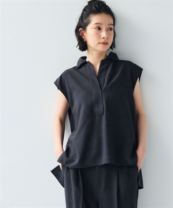 《シワになりにくい》サマナチュラ リネンライクスキッパーフレンチスリーブブラウス(チャコール-Ｍ)