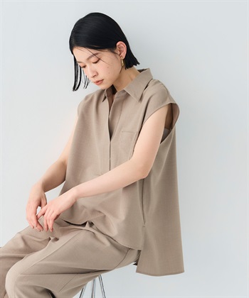 《シワになりにくい》サマナチュラ リネンライクスキッパーフレンチスリーブブラウス(モカ-Ｍ)
