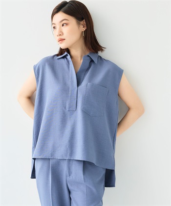 《シワになりにくい》サマナチュラ リネンライクスキッパーフレンチスリーブブラウス(ブルー-Ｍ)